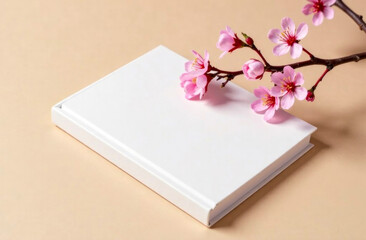 Fototapeta premium A simple white notebook lies on a beige surface beside delicate pink cherry blossoms, creating a tranquil atmosphere