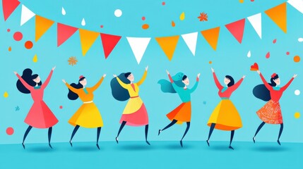 Joyful Women Dancing in Colorful Dresses with Festive Decorations and Cheerful Background