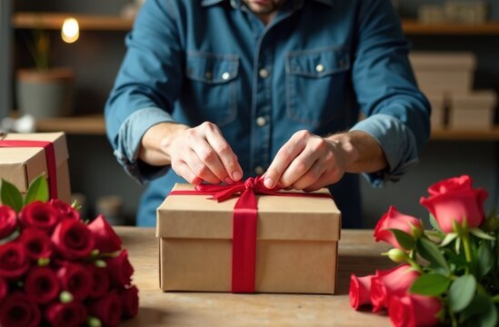The business owner packages the order to be sent to the customer. We only see the hands tying a bow on the box. Online shopping, e-commerce, logistics, cargo delivery. The concept of Valentine's Day