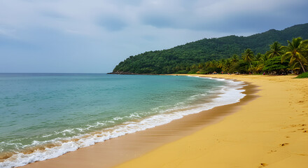 Serene shoreline. A tropical island setting featuring a blend of sea, sand, and sky. Gentle waves lapping against an unoccupied beach.