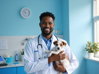Portrait of an African American Male Veterinarian Smiling Calmly While Holding a Puppy in a Clean Veterinary Clinic Setting