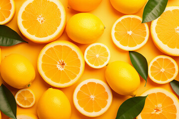 Citrus Fruits Background flat lay on yellow Background