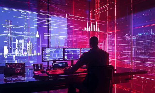 A person working at a futuristic computer setup surrounded by vibrant digital displays.