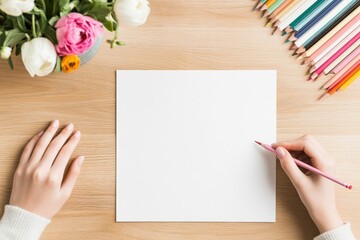 Obraz premium Creative Workspace with Blank Paper, Colored Pencils, and Fresh Flowers in Bright Natural Light