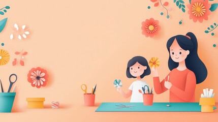Creative Mother and Daughter Crafting Colorful Paper Flowers in a Bright and Joyful Setting
