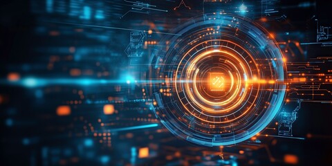 Digital Interface Abstract: A captivating abstract image depicting a futuristic digital interface, with glowing circles of orange and blue light, symbolizing technological advancement and data flow.