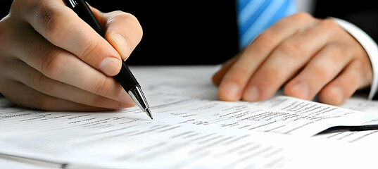 Naklejka premium A manager reviewing documents, light background, focused expression