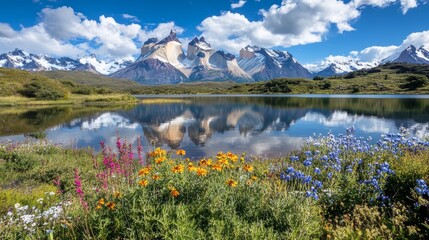 A breathtaking nature landscape featuring serene mountains reflected in a crystal-clear lake, vibrant wildflowers in the foreground,