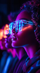 Young female wearing glowing LED glasses, dancing amid pulsing electronic music festival lights at nighttime
