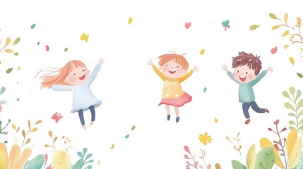 cute Cartoon Children jump Hand Drawn Funny colorful Isolated white background 