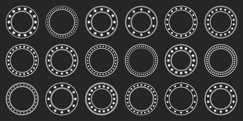 Stars of various sizes arranged in a circle. Round frame, border. Black star shape, simple symbol. Vintage logo, logotype design element, ornament. Vector illustration