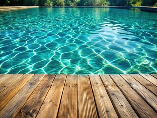Obraz premium Double exposure: pristine pool, blank wooden deck canvas, idyllic escape.