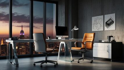 Illustration of futuristic work station with desktop computer, leather office chair and desk with acrylic glass desktop, studio shot