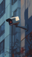Modern security camera mounted on a wall, actively monitoring a city street, ensuring safety and surveillance in an urban environment
