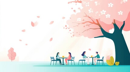 Naklejka premium Bright Spring Day Cafe Scene with Cherry Blossom Tree and People Enjoying Drinks in a Relaxing Outdoor Setting
