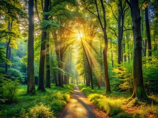 Obraz premium Sunlight Forest Path - Peaceful Nature Scene - High Depth of Field