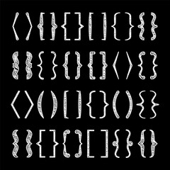 Shaded text brackets, black quotation box. Curly, square and corner parentheses. Vintage typographical symbol, calligraphic quote frame. Doodle, lettering element. Vector illustration