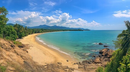 Obraz premium Serene Tropical Beach Panorama: Azure Waters, Golden Sands, Lush Greenery