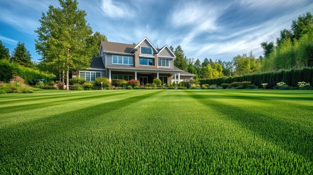 A large house with manicured green lawn and surrounding trees and bushes under a blue sky