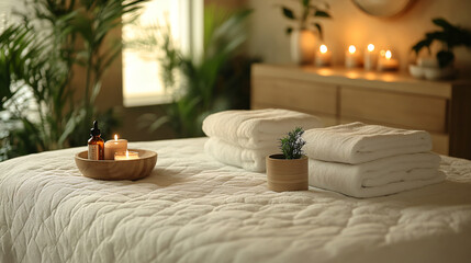 a bed with a white comforter and a candle