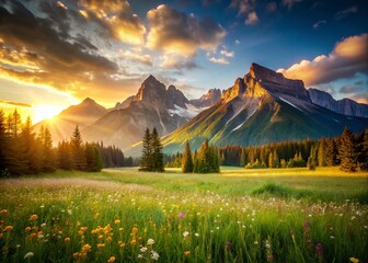 Sunlit Meadows, Mountain Peaks AI Photo, High Depth of Field