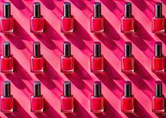 Obraz premium Fuchsia-hued pop art beauty shot: geometrically patterned red nails, highlighting cosmetic perfection.