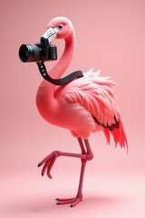 A pink flamingo with a camera attached to its neck