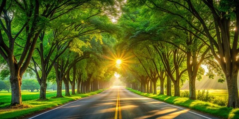 Sunny Day Road, Green Trees, Long Exposure Photography