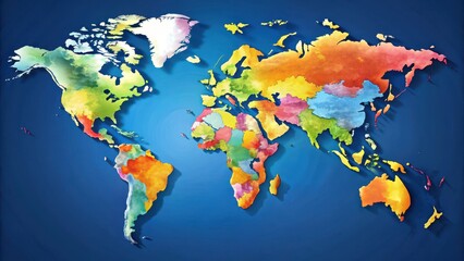Detailed illustration of a colored map of the world with highlighted continents and countries, showcasing diverse cultures and geographical features , global connectivity, regional diversity