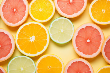Fototapeta premium Citrus Fruits Background flat lay on yellow Background