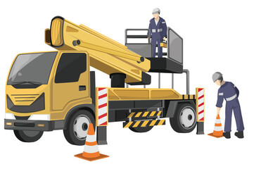 engineer maintenance working use Yellow  boom lift truck. Flat Design Isolated illustration and White Background.