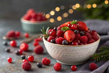 Assorted mix berry fruits in fruit bowl placed on white fabric.