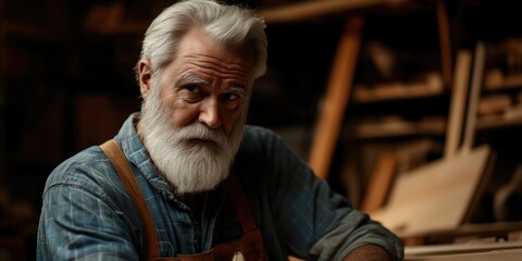 Naklejka premium Man with long beard in blue work clothes, working at a saw in an old-fashioned woodshop, with shelves of tools in the background.