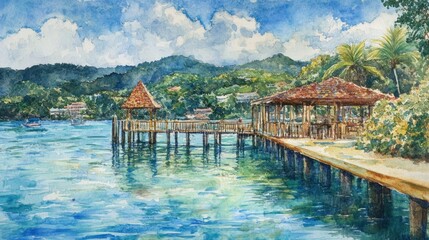 Naklejka premium Serene Watercolor of a Tropical Lakeside Gazebo