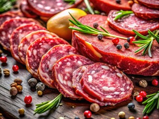 High-resolution image: delectable Italian salami and beef, a macro close-up showcasing texture.