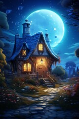 A charming cottage under a full moon, surrounded by a lush garden and twinkling stars, evoking a magical atmosphere.