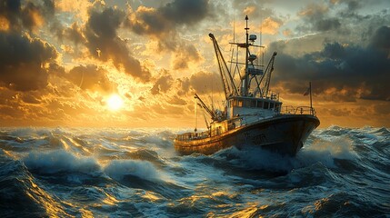 Fishing trawler navigating rough seas at sunset.