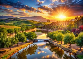Sunrise Over Villiersdorp Orchards and Dam - South Africa AI Art