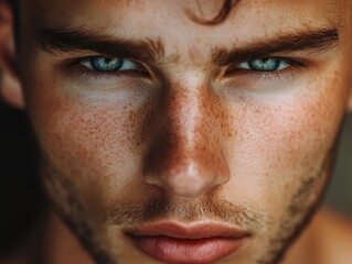 Fototapeta premium Portrait of a young male with striking blue eyes looking directly at the camera.