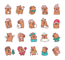 A cheerful set of capybara Christmas characters in kawaii cartoon style with santa hats, scarves, snowballs, gifts, festive accessories, playful animals, and joyful illustrations.