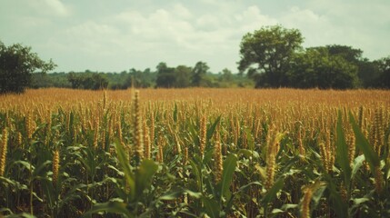 Obraz premium Golden Wheat Field Under Cloudy Sky Rural Agricultural Landscape Scenery Nature