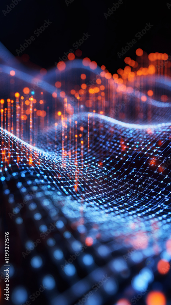 Poster Abstract blue and orange digital wave flowing with glowing particles representing data transmission in cyberspace