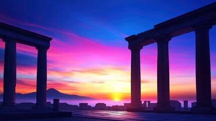 Obraz premium Silhouetted columns against a vibrant sunset over a coastal landscape.