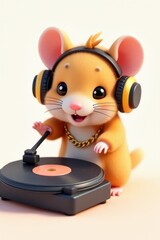 A cartoon mouse wearing headphones and playing a record player