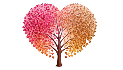 A glowing tree with heart-shaped leaves in a beautiful ombre gradient, transitioning from pink to red to gold, shimmering in the light of day, on a white transparent background PNG.