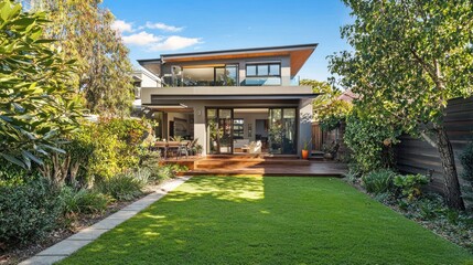 Modern House Backyard Oasis: Contemporary Design, Lush Greenery, and Tranquil Atmosphere