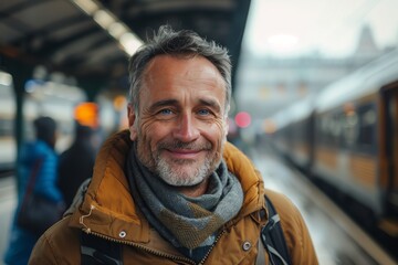 A cheerful older man in a warm jacket smiles at the train station, capturing the essence of travel and adventure.