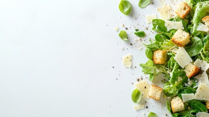 A classic Caesar salad with croutons and Parmesan, beautifully presented on a white background,
