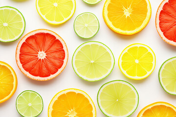 Obraz premium Beautiful citrus fruits pattern such as orange and lemon, flat lay on white background