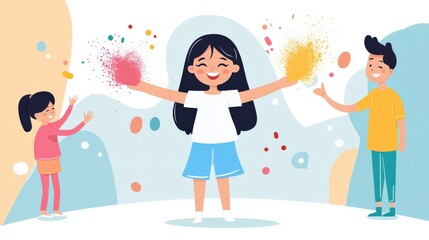 Naklejka premium Cheerful children celebrating with colorful powders in a vibrant and playful environment